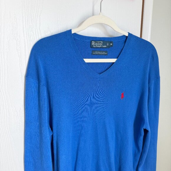 Polo Ralph Lauren Blue V Neck Sweater Medium | Red Pony Logo Classic Preppy - Picture 6 of 6